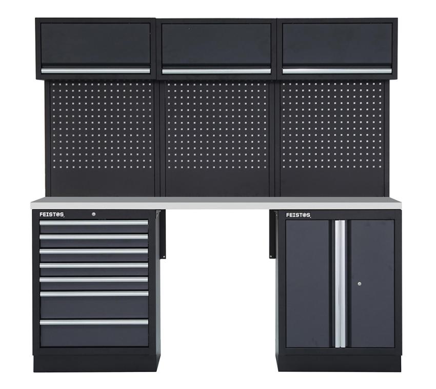FEISTOS Werkstatteinrichtung | Werkzeugschrank Apollo 8E | inkl. Lochwand | Grau/Schwarz | 204x46x200 cm 