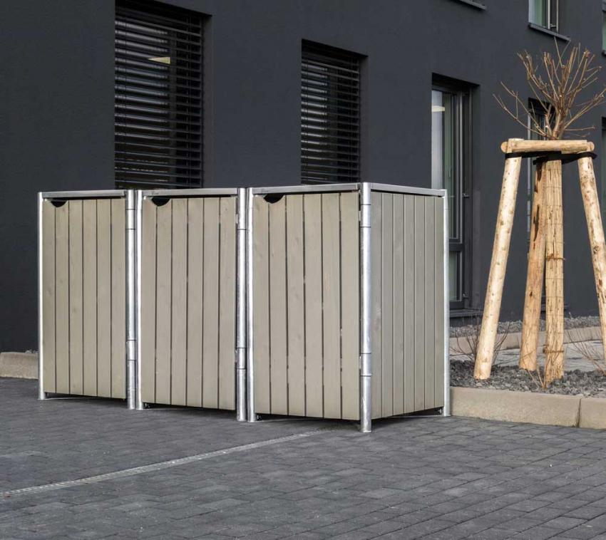 Hide Holz Mülltonnenbox für 3 Mülltonnen 120 Liter | Grau | 64x181x115 cm 