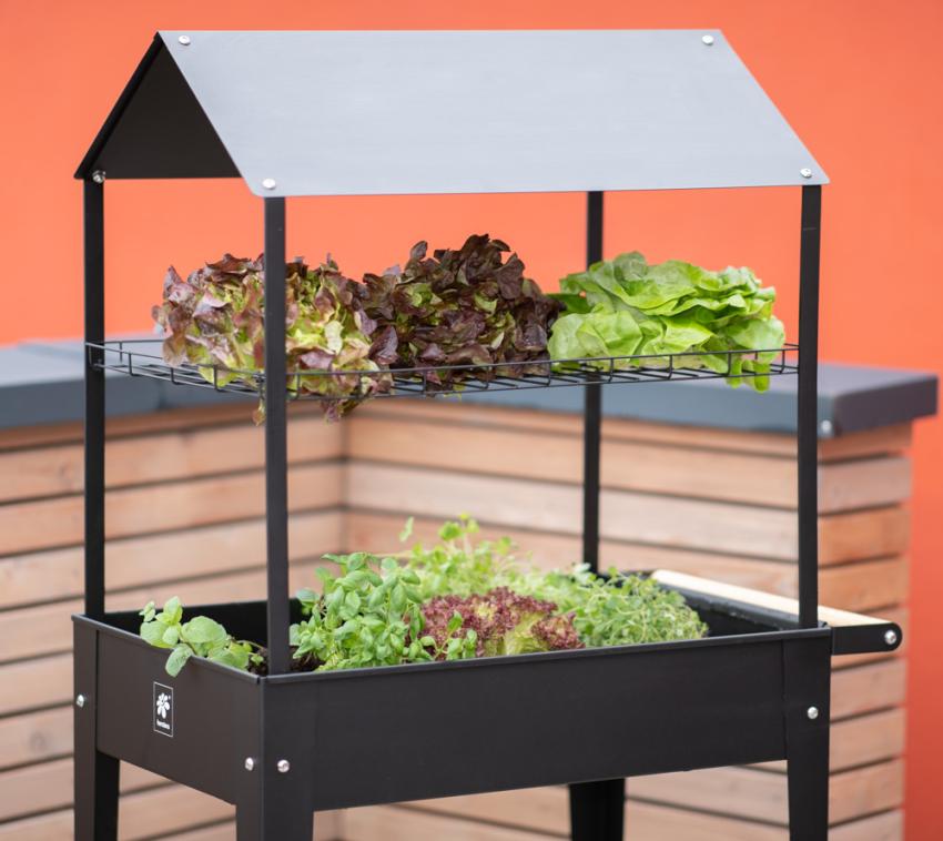 Herstera Metall Hochbeet mit Dach Expert | Schwarz | 85x50x150 cm 