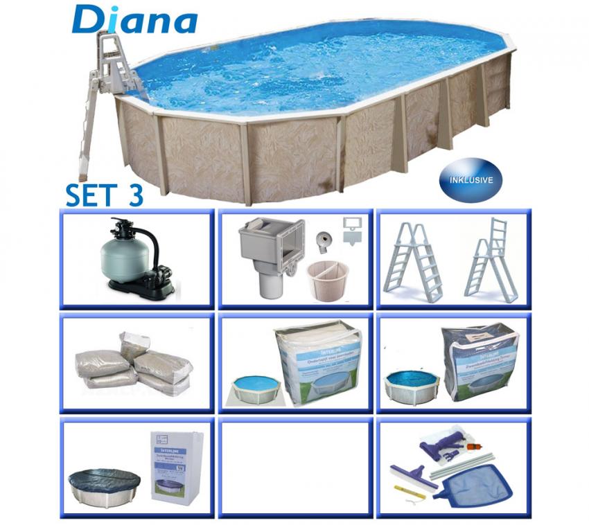 Interline Summer Holz Schwimmbad Diana Set 3 weiß 850x490x132 cm Inkl. 5 teiliges Zubehörpaket und Winterabdeckung