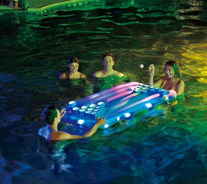Summer Waves Luftmatratze & Bier-Pong Tisch inkl. LED blau 160x84x19 cm 