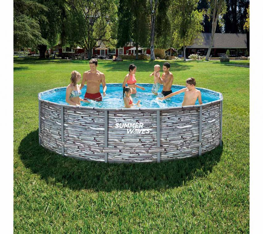 B-WARE Summer Waves Stahlrahmen Aufstellpool Elite Frame Steinoptik rund | Grau | 427x427x107 cm 