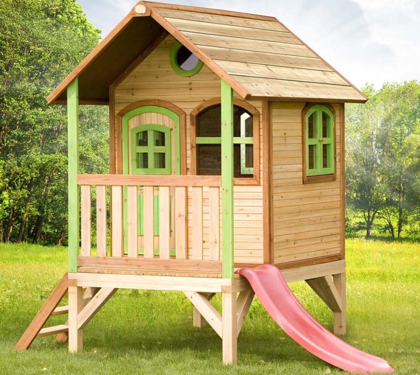 Axi Holz Kinderspielhaus Tom inkl. Veranda & Rutsche | Natur | 172x118x230 cm 