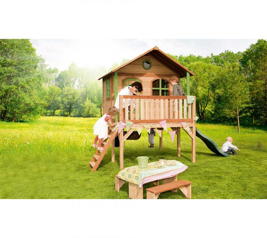 Axi Holz Kinderspielhaus Sophie inkl. großer Veranda & Rutsche | Natur | 180x180x274 cm 