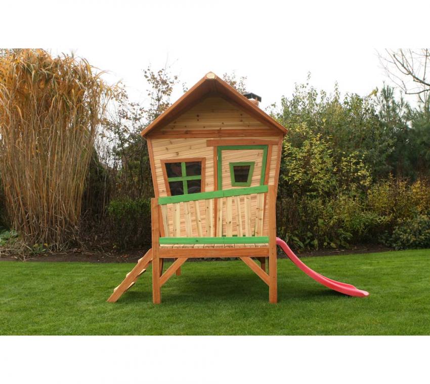 Axi Holz Kinderspielhaus Iris inkl. Veranda & Rutsche | Natur | 180x118x223 cm 