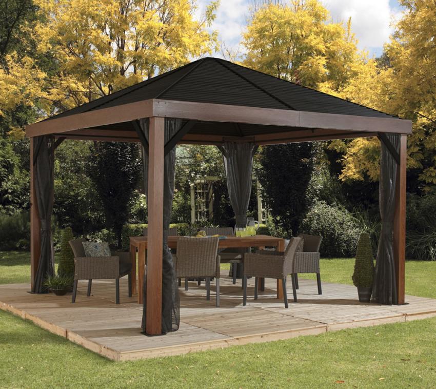 Sojag Aluminium Pavillon Valencia 1212 inkl. Moskitonetz Holzoptik | Braun | 363x363x310 cm 