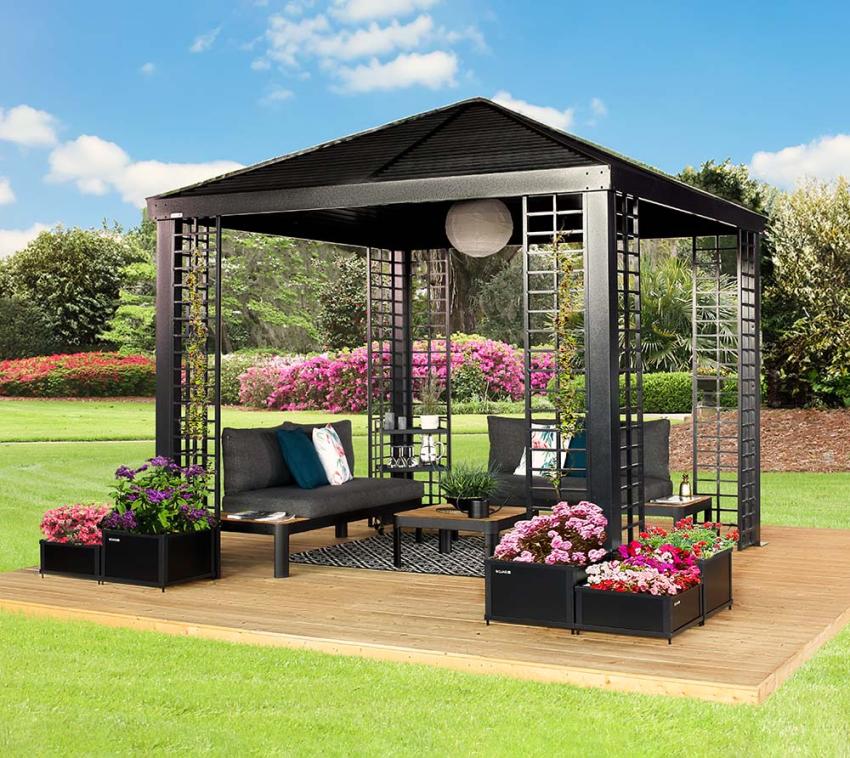 Sojag Alu Pavillon Havana 1010 | Hardtop Pavillon inkl. Pflanzkübel | Schwarz | 298x298x294 cm 