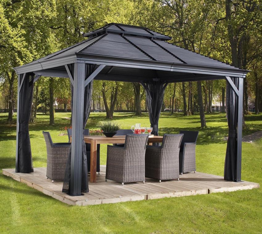 Sojag Alu Pavillon Mykonos 1216 | Hardtop Pavillon mit Moskitonetz | Grau | 484x364x306 cm 
