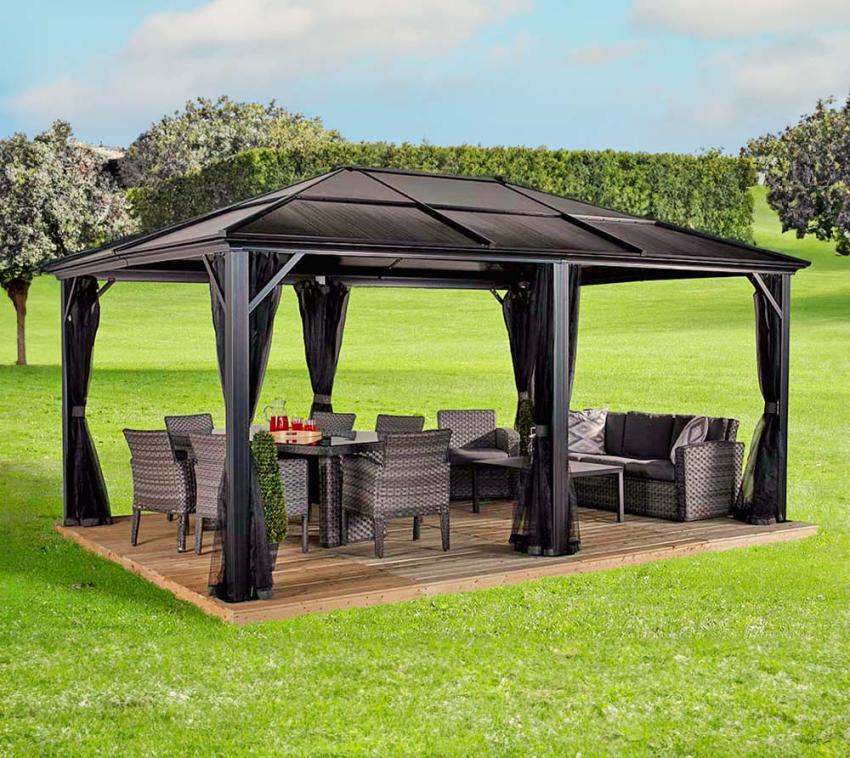 Sojag Alu Pavillon Meridien 1216 | Hardtop Pavillon mit Moskitonetz | Anthrazit | 365x485x270 cm 