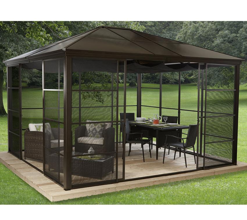 B-WARE Sojag Aluminium Pavillon Castel 1214 | Hardtop Pavillon inkl. Zubehör | Bronze | 427x362x296 cm 