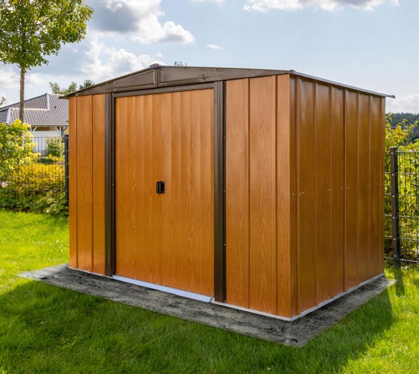 B-WARE Spacemaker Metall Gerätehaus Woodlake 86 | Braun | 181x253x177 cm 