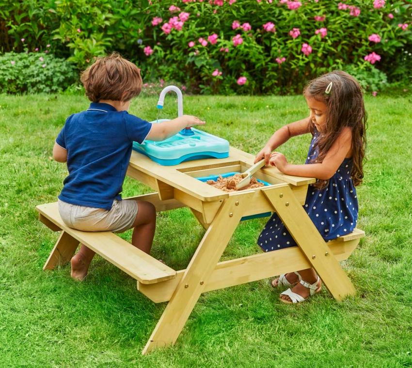 TP Toys Holz Kindersitzgruppe Spieltisch inkl. Waschbecken & Sandkasten natur 