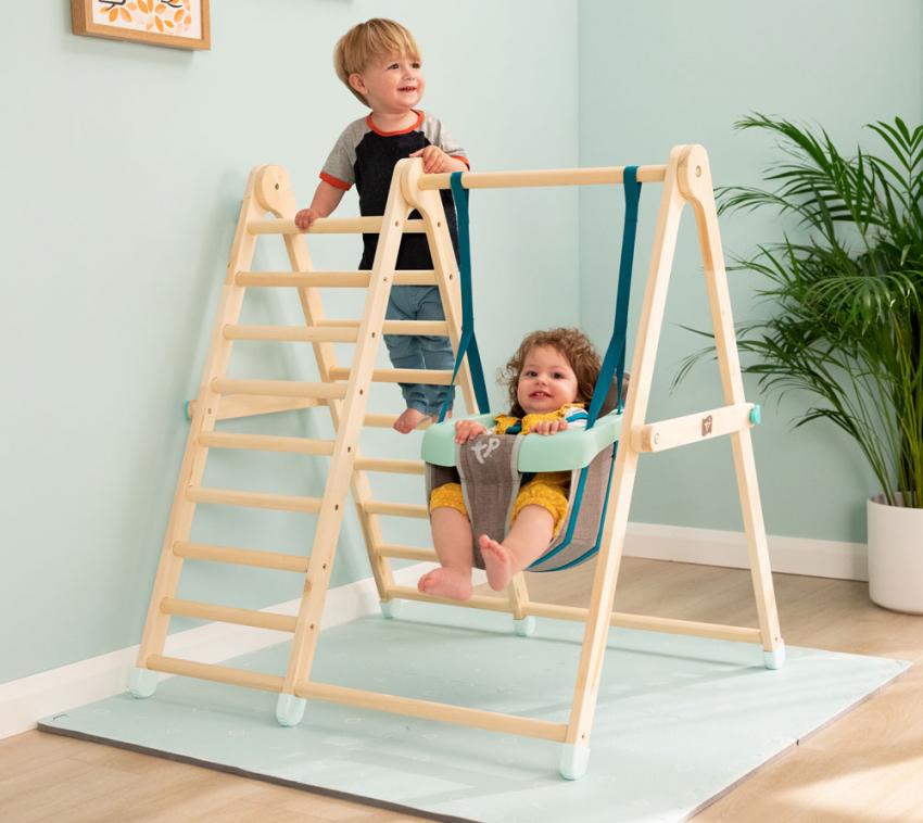TP Toys Holz Klettergerüst mit Schaukel Kinder Indoor natur 101x84 cm 