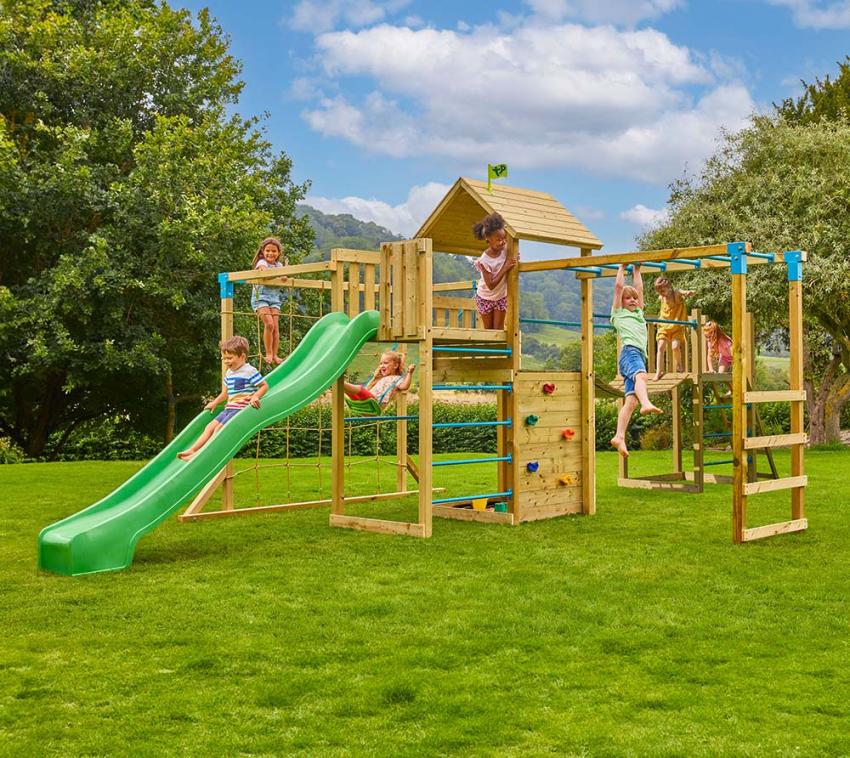 TP Toys Holz Spielturm Wolkenkratzer | Spielturm mit Rutsche, Schaukel und Klettergerüst | Natur | 760x440x270 cm 