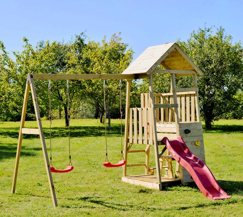 Wendi Toys Holz Spielturm Flamingo | mit Rutsche, Kletterwand, 2 Schaukeln & Picknicktisch | Natur | 280x340x270 cm 
