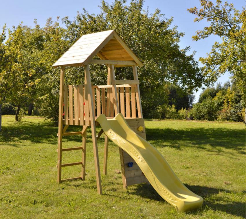 Wendi Toys Holz Spielturm Falke | inkl. Rutsche und Kletterwand | Natur | 280x110x270 cm 