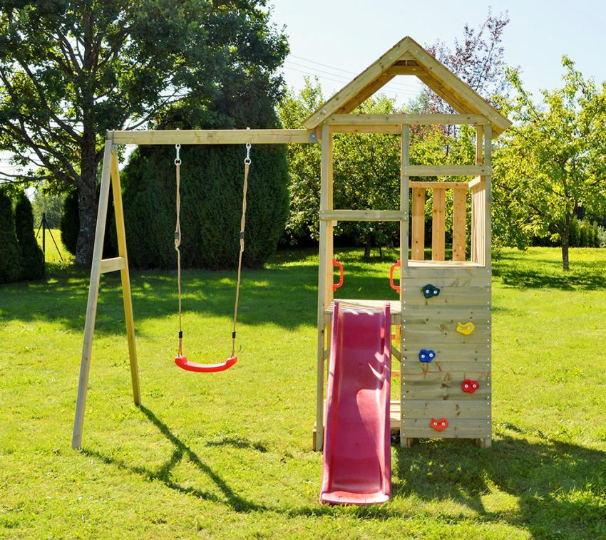 Wendi Toys Holz Spielturm Gorilla | mit Rutsche, Kletterwand, Schaukel und Picknicktische | Natur | 290x270x270 cm 