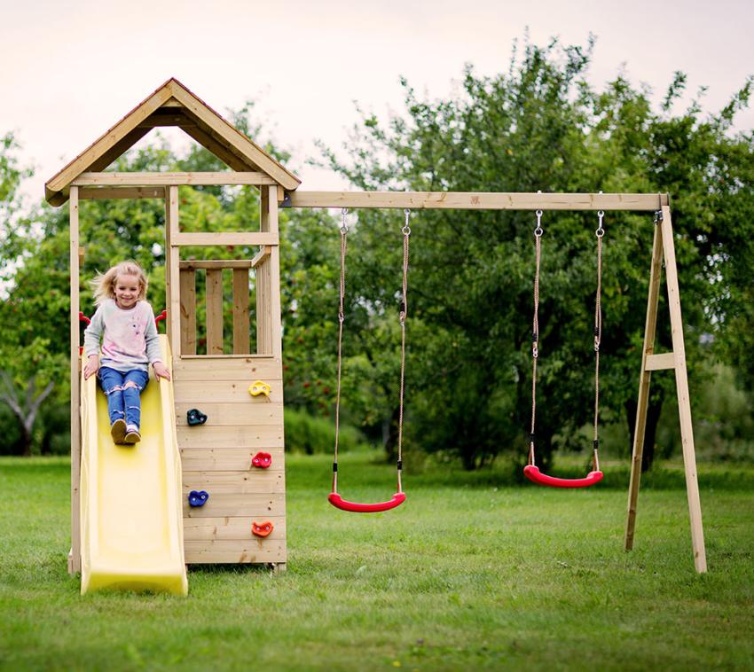 Wendi Toys Holz Spielturm Giraffe | mit Rutsche, Kletterwand, 2 Schaukeln & Picknicktisch | Natur | 280x340x270 cm 
