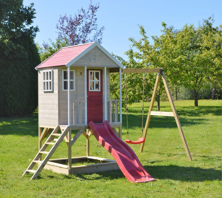 B-WARE Wendi Toys Holz Stelzenhaus Alpaka | mit roter Rutsche, Schaukel und Sandkasten | Natur | 290x350x242 cm 