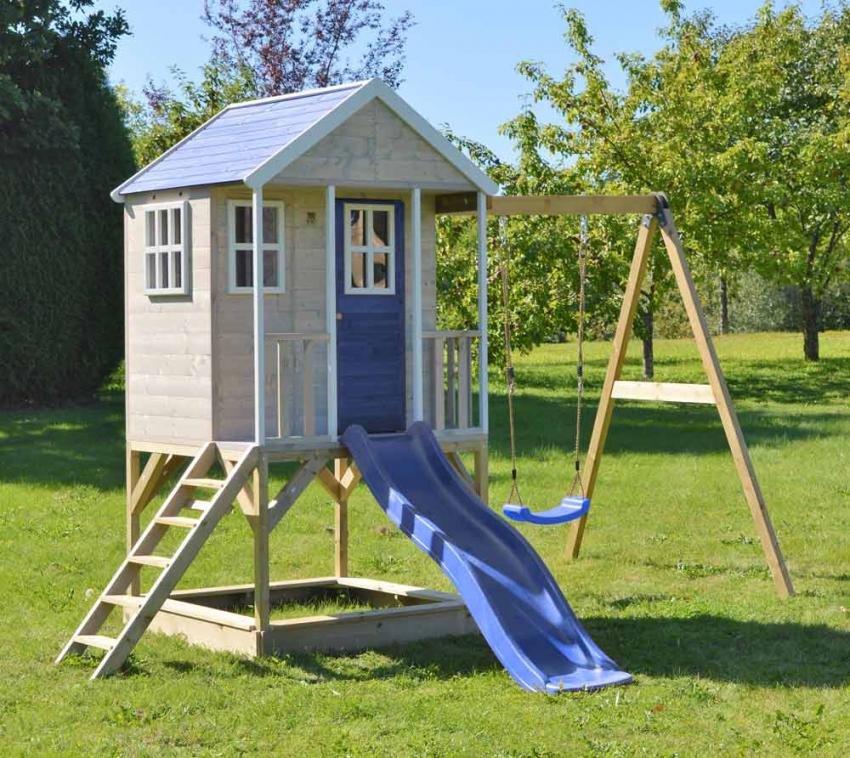 Wendi Toys Holz Stelzenhaus Alpaka | mit Rutsche, Schaukel und Sandkasten | Natur | 290x350x242 cm 