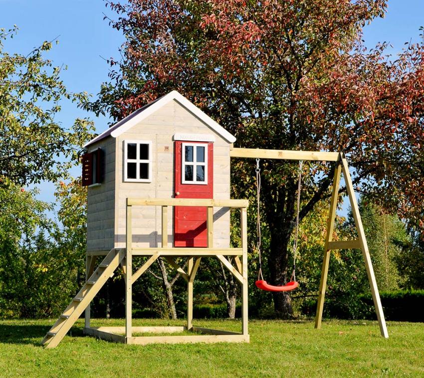 Wendi Toys Holz Stelzenhaus Zebra | mit Schaukel | Natur | 192x350x242 cm 