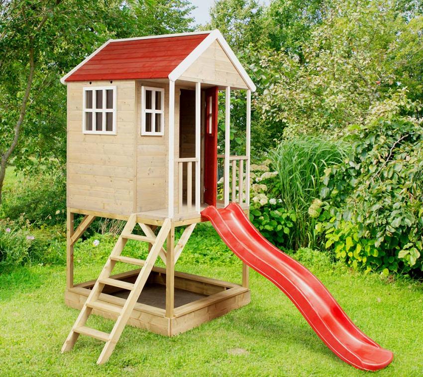 Wendi Toys Holz Stelzenhaus Frosch | mit Rutsche und Sandkasten | Natur | 280x197x242 cm 