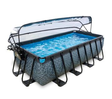 Exit Stahlrahmen Aufstellpool | Grau | 400x200x100 cm Inkl. Sandfilterpumpe, Abdeckung, Wärmepumpe