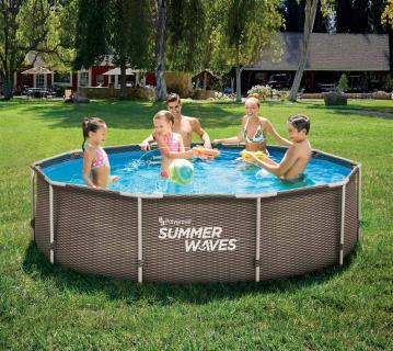 B-WARE Summer Waves Active Frame Pool | Aufstellpool rund | inkl. Zubehör | Rattanoptik braun | Ø 305x76 cm 