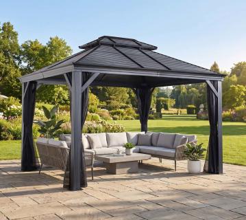 Sojag Alu Pavillon Mykonos 1012 | Hardtop Pavillon mit Moskitonetz | Grau | 299x364x291cm 