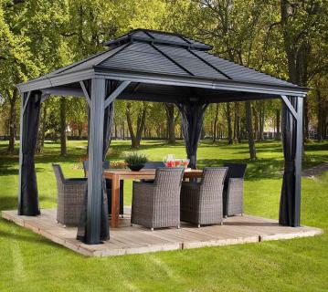 Sojag Alu Pavillon Mykonos 1012 | Hardtop Pavillon mit Moskitonetz | Grau | 299x364x291cm 