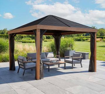 Sojag Aluminium Pavillon Valencia 1212 inkl. Moskitonetz Holzoptik | Braun | 363x363x310 cm 
