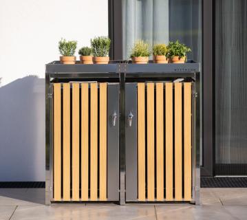Westmann Mülltonnenbox Planta Edelstahl | 2x240 L | Mülltonnenbox mit Pflanzdach | Silber | 84x134x124 cm 