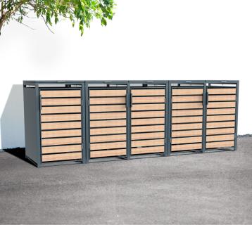 Westmann Metall Mülltonnenbox Lacina | 5x240 L | Anthrazit/Holzoptik | 80x332x116 cm 