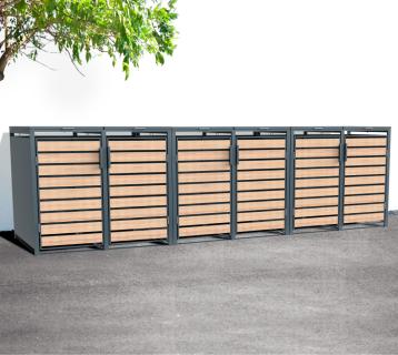 Westmann Metall Mülltonnenbox Lacina | 6x240 L | Anthrazit/Holzoptik | 80x396x116 cm 