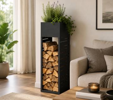 Westmann Onyx 1 | Kaminholzregal für den Außenbereich | mit Pflanzkasten 