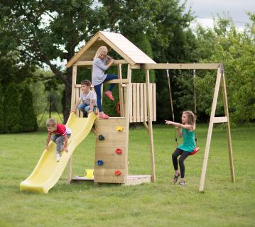 Wendi Toys Holz Spielturm Biene | inkl. Rutsche, Kletterwand, Schaukel & Sandkasten | Natur | 280x270x270 cm 
