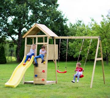 Wendi Toys Holz Spielturm Pinguin | inkl. Rutsche, Kletterwand, 2 Schaukeln & Sandkasten | Natur | 280x340x270 cm 