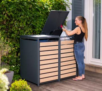 B-WARE Westmann Metall Mülltonnenbox Lacina | 2x240 L | Anthrazit/Holzoptik | 80x132x116 cm 