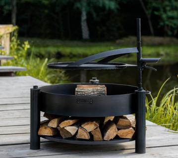 CookKing Stahl Feuerschale Montana X 60 | Inkl. Holzlager & Zubehör | Schwarz | 60x60x110 cm 