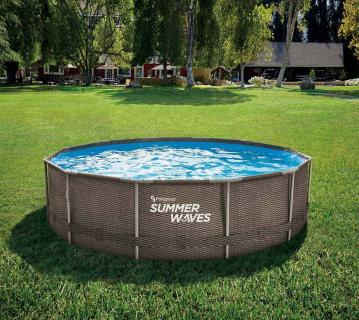 B-WARE Summer Waves Active Frame Pool | Aufstellpool rund | inkl. Zubehör | Rattanoptik braun | Ø 366x91 cm 