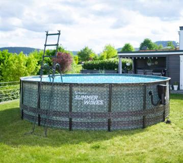 Summer Waves Elite Frame Pool | Aufstellpool rund | Komplettset | Rattanoptik grau | Ø 488x122 cm 