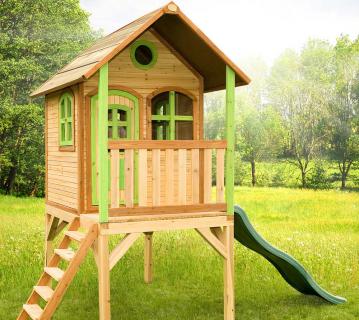Axi Holz Kinderspielhaus Laura inkl. Veranda & Rutsche | Natur | 172x118x270 cm 