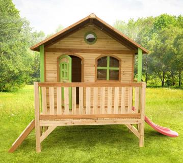 Axi Holz Kinderspielhaus Stef inkl. großer Veranda & Rutsche | Natur | 180x180x236 cm 