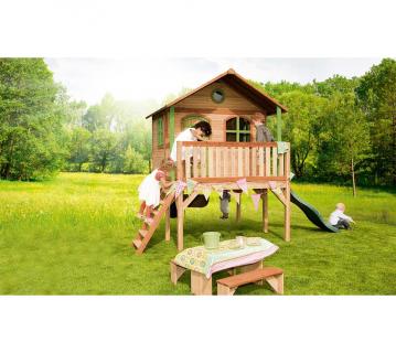Axi Holz Kinderspielhaus Sophie inkl. großer Veranda & Rutsche | Natur | 180x180x274 cm 