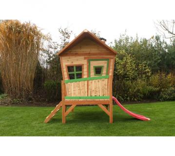 Axi Holz Kinderspielhaus Iris inkl. Veranda & Rutsche | Natur | 180x118x223 cm 