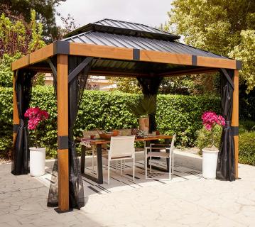 Sojag Alu Pavillon Fontana 1012 | Hardtop Pavillon mit Moskitonetz | Holzoptik/Schwarz | 298x363x310 cm 