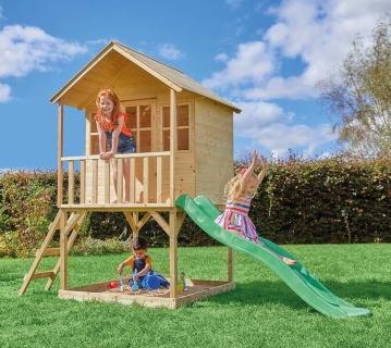 TP Toys Holz Stelzenhaus Wald | Spielhaus mit Rutsche | Natur | 137x306x230 cm 