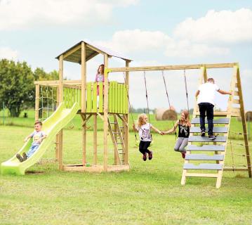 Wendi Toys Holz Spielturm Dino | inkl. Rutsche, Kletterwand, Schaukel & Sandkasten | Natur | 438x561x307 cm 