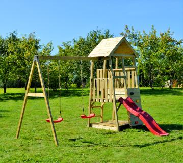 Wendi Toys Holz Spielturm Salamander | inkl. Rutsche, Kletterwand und 2 Schaukeln | Natur | 290x340x270 cm 