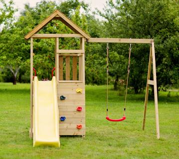 Wendi Toys Holz Spielturm Pelikan | inkl. Rutsche, Kletterwand, Schaukel und Sitzgarnitur | Natur | 280x270x270 cm 
